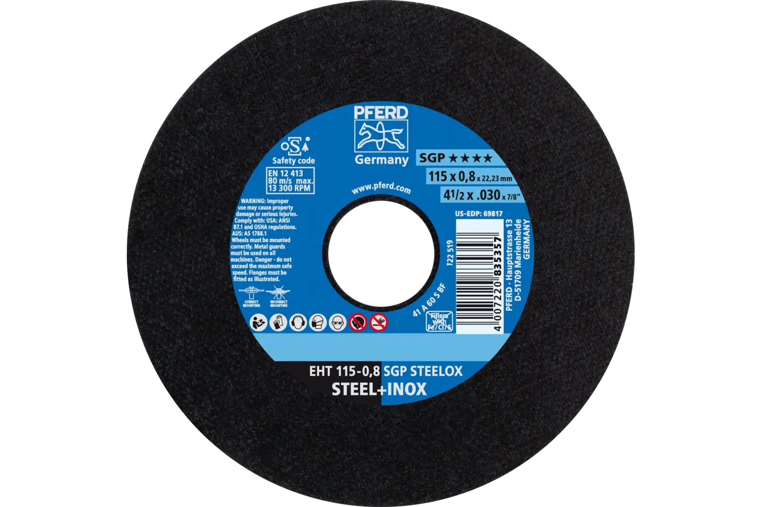 Picture of Pferd Cut-Off Wheel, 4-1/2" X .030 X 7/8, Sgp Steelox, T1, Aluminum Oxide